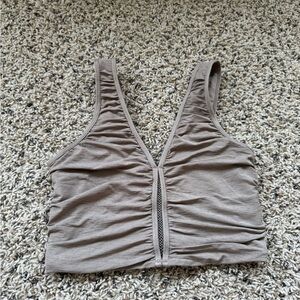 FP Movement by Free People Ruched V-Neck Sports Bra in Taupe